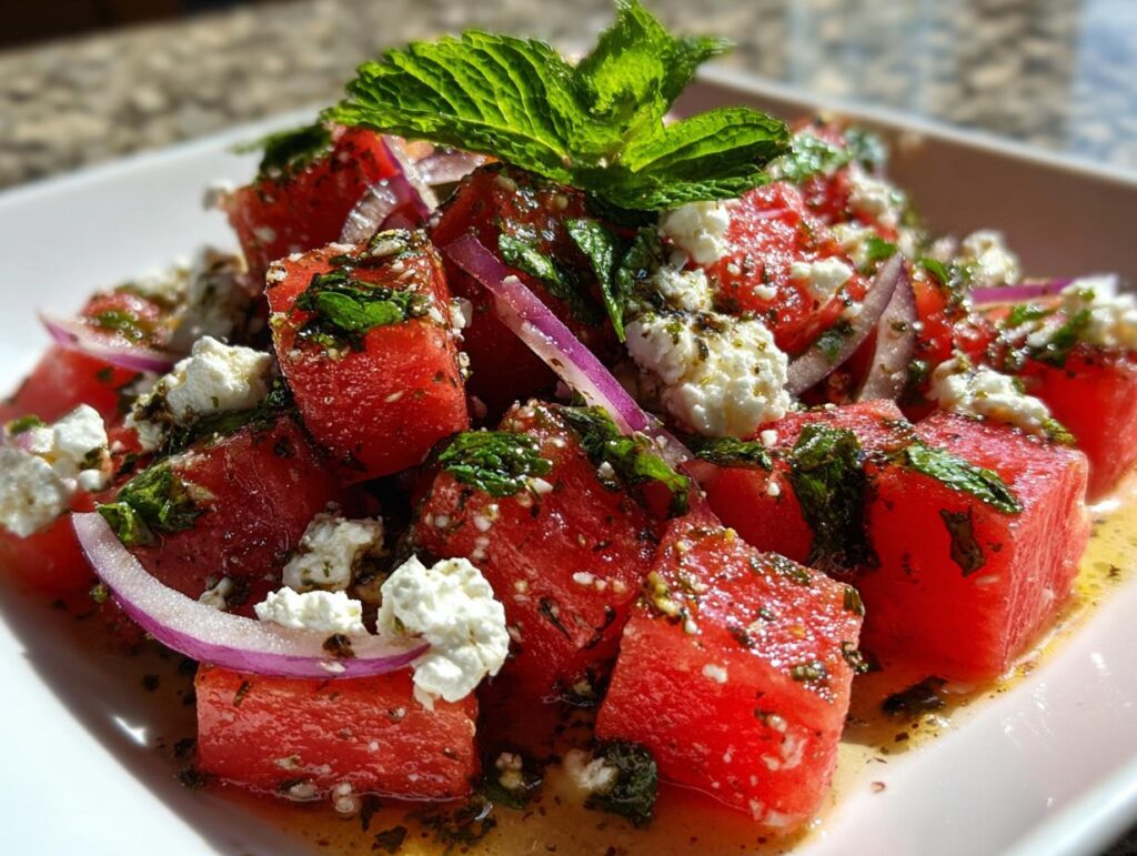 Refreshing watermelon salad with feta cheese, red onion, and mint, perfect for summer days.