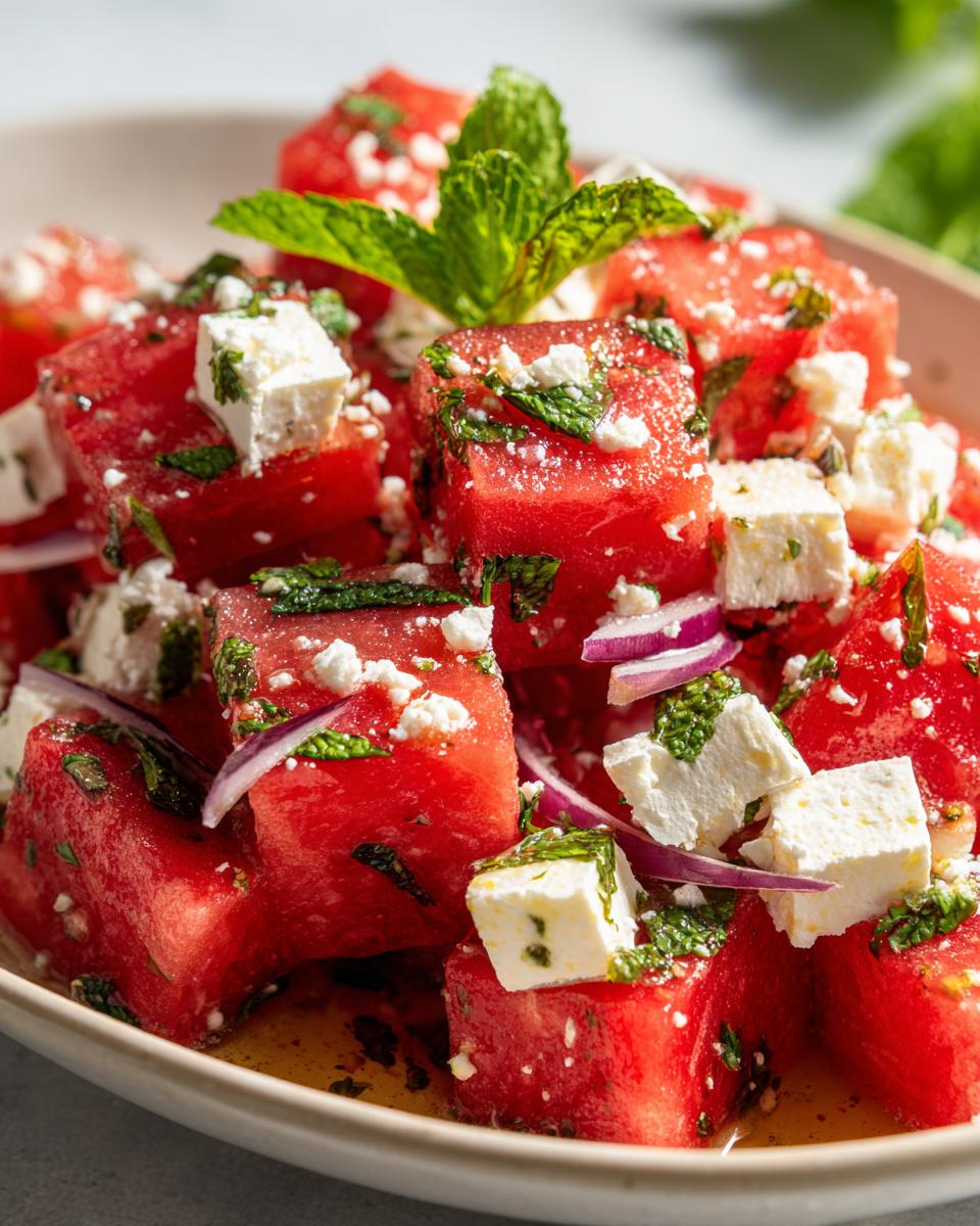 Close-up of a refreshing watermelon salad with feta cheese, mint, and red onion, perfect for summer.