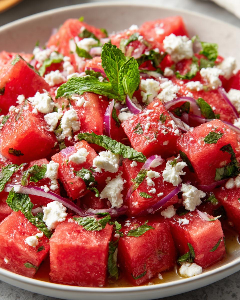 Close-up of a refreshing Watermelon Feta Mint Salad with cubed watermelon, crumbled feta cheese, red onion, and fresh mint leaves.