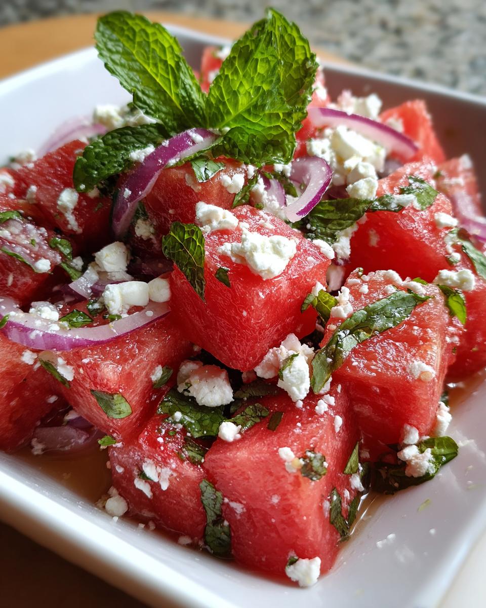 Close-up of a vibrant watermelon salad with feta cheese, red onion, and fresh mint leaves.