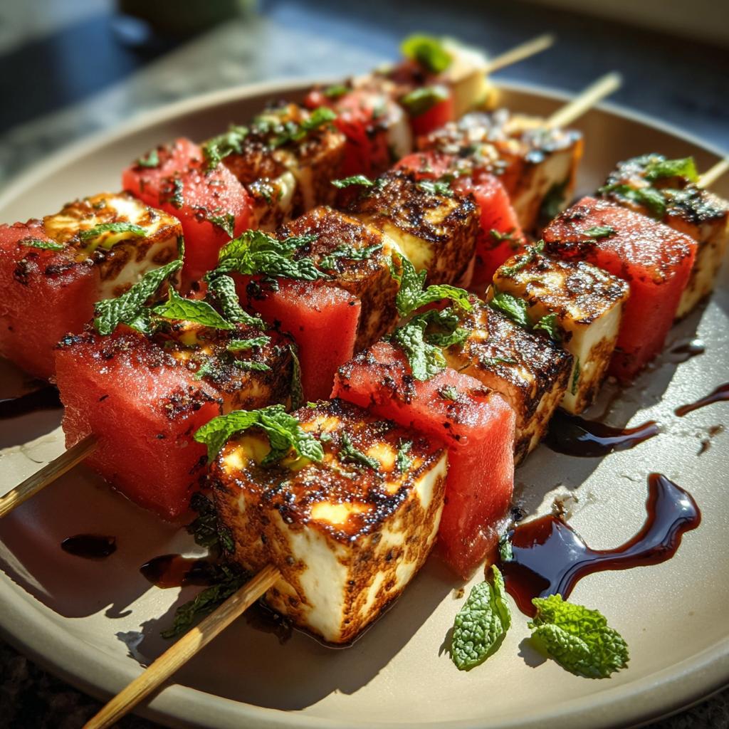 Close-up of grilled watermelon and halloumi cheese skewers drizzled with balsamic glaze and garnished with mint.