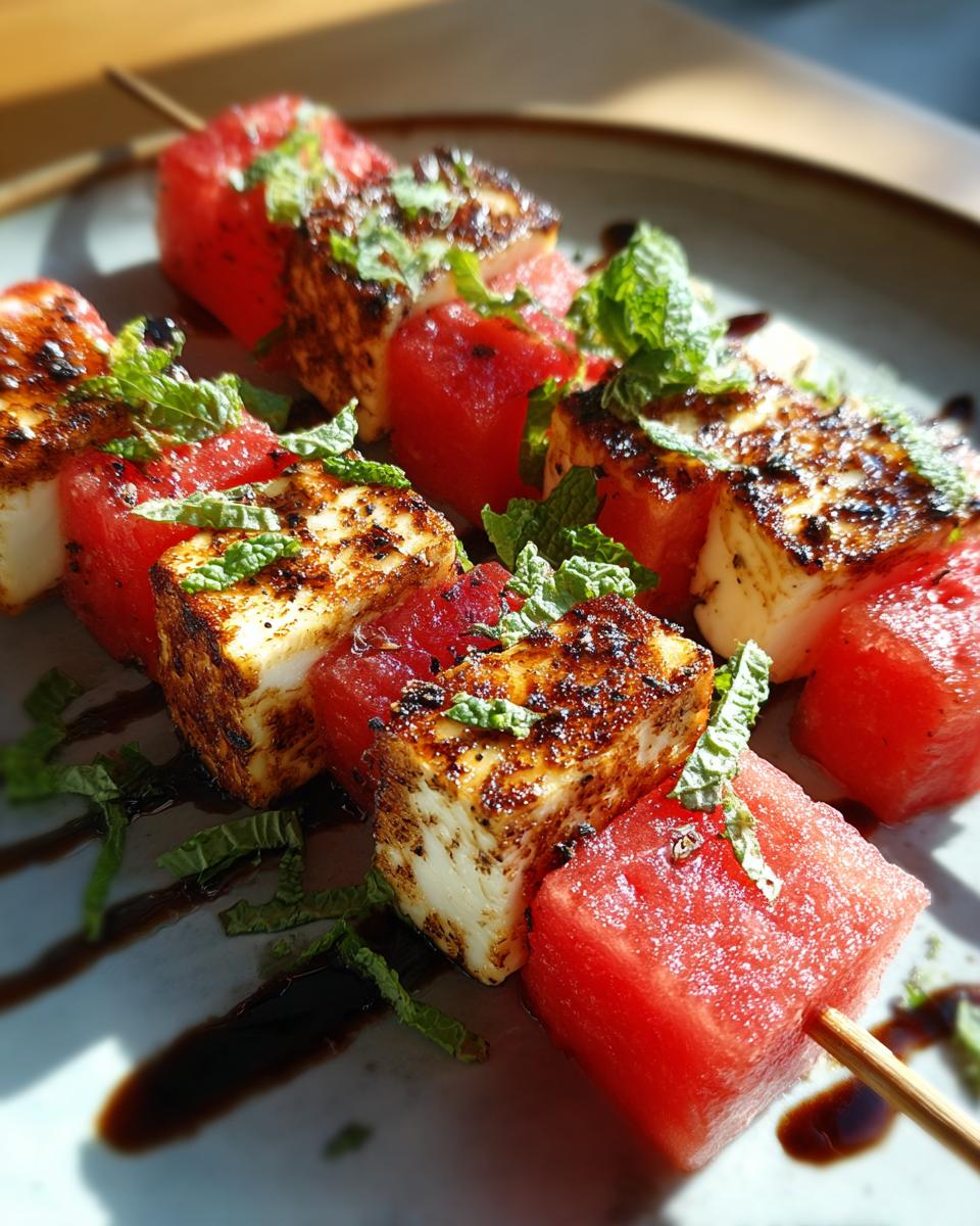 Close-up of grilled watermelon and halloumi cheese skewers, garnished with fresh mint and a balsamic glaze.