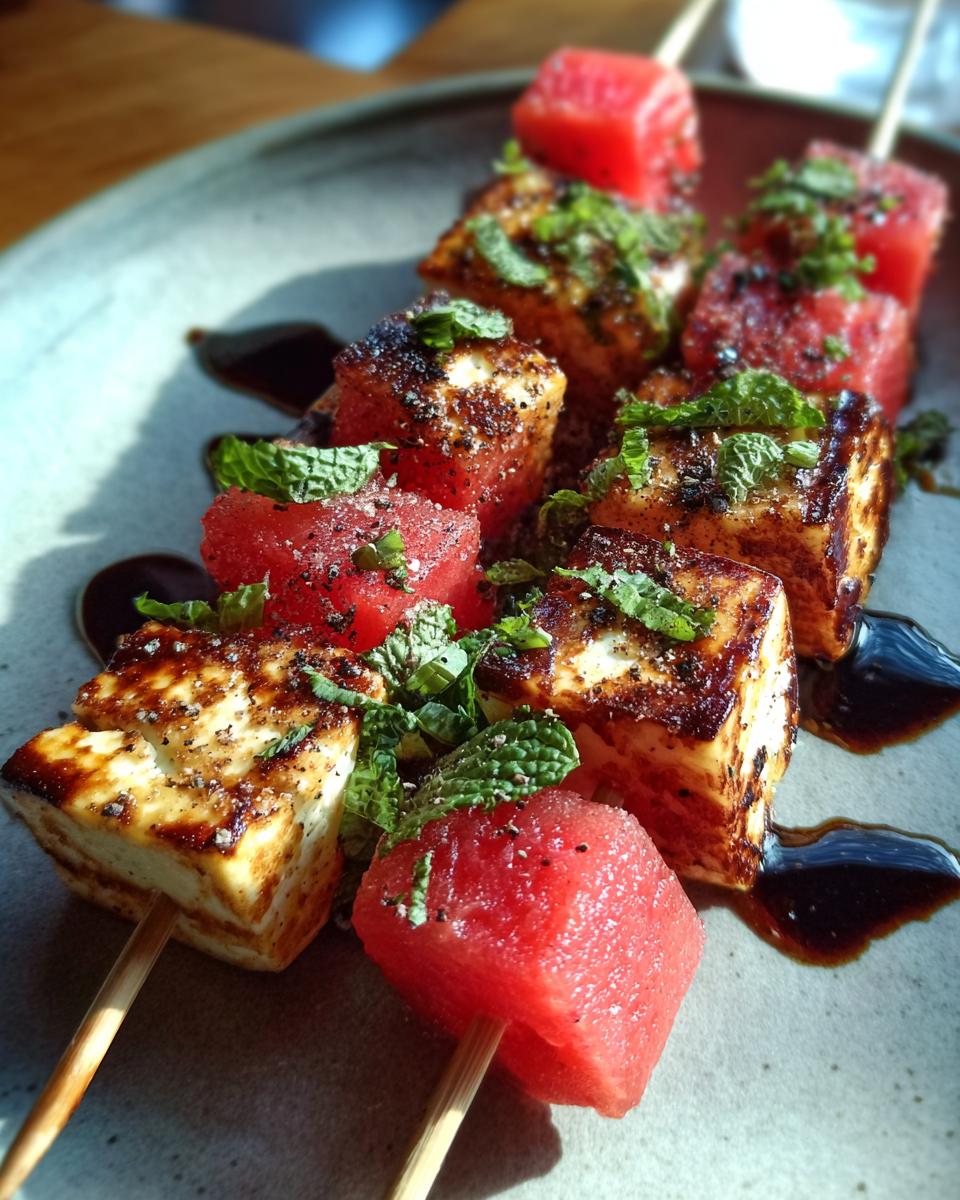 Close-up of grilled halloumi cheese and watermelon cubes on skewers, drizzled with balsamic glaze and garnished with mint.
