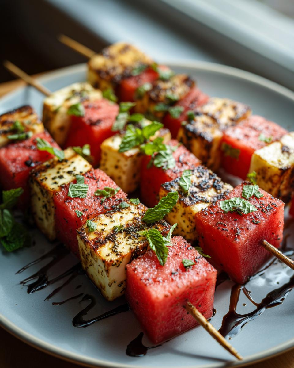 Close-up of grilled watermelon and halloumi cheese skewers, garnished with fresh mint and drizzled with balsamic glaze.