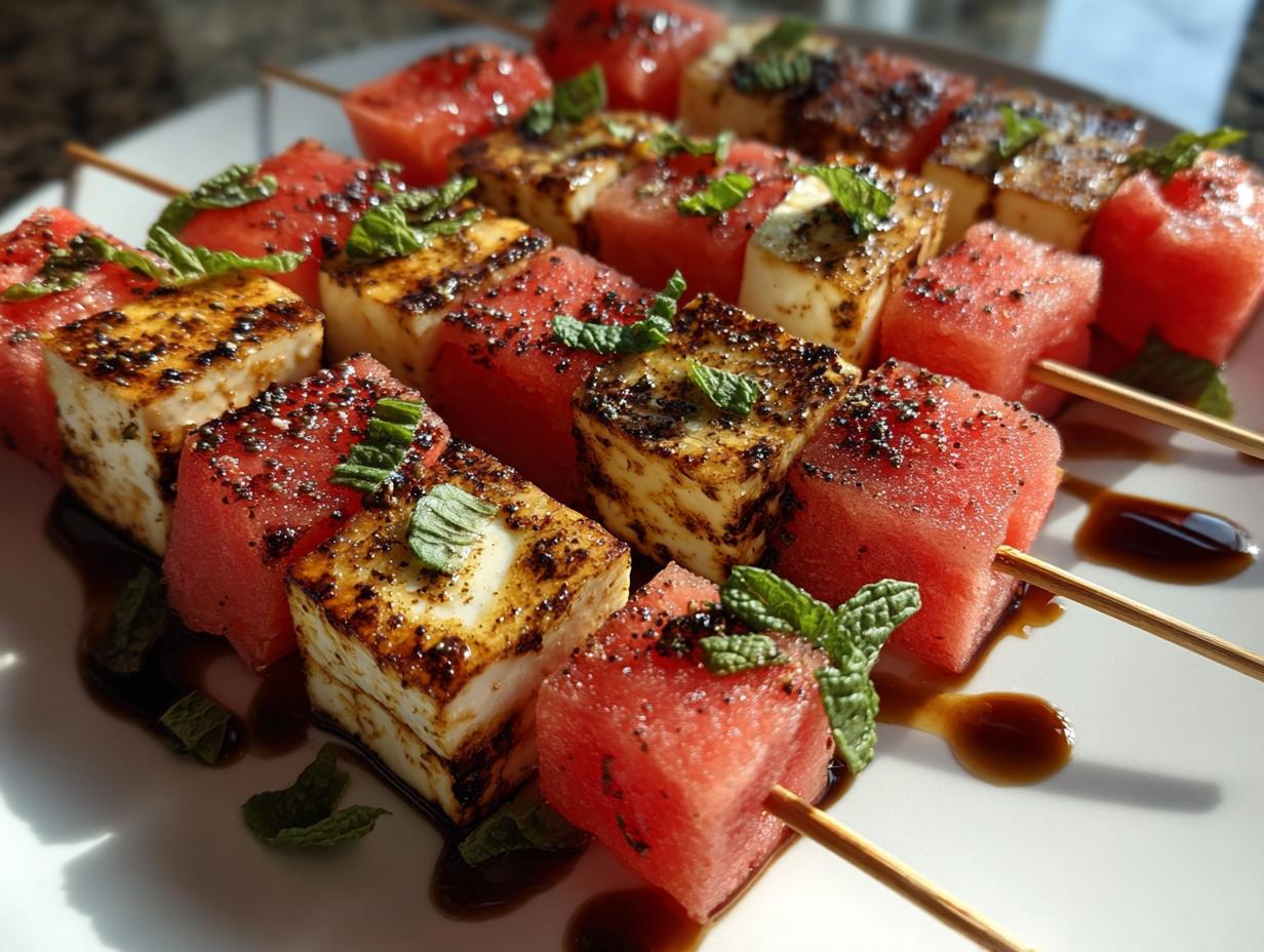 Close-up of grilled watermelon and halloumi cheese skewers, garnished with fresh mint and drizzled with balsamic glaze.