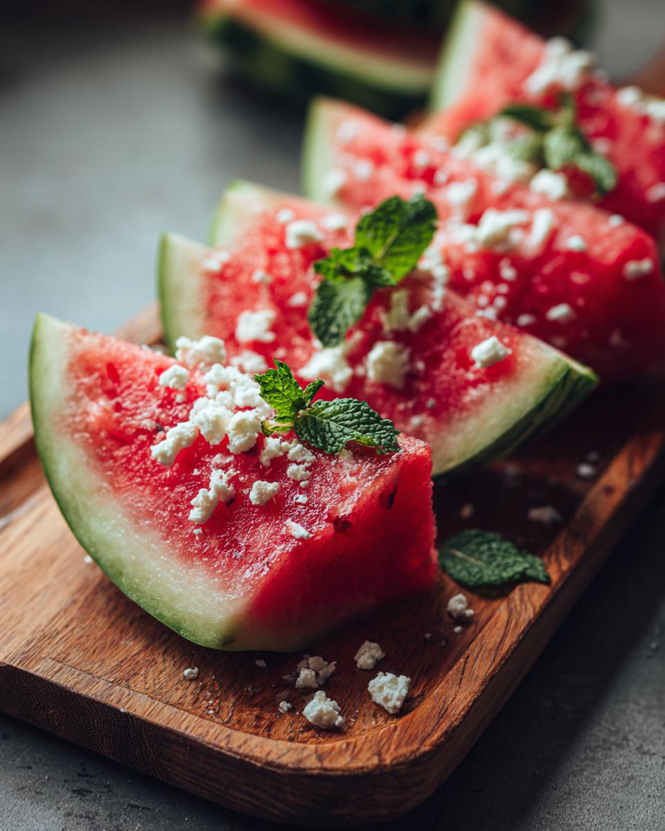 Refreshing watermelon slices topped with crumbled feta cheese and fresh mint leaves, part of summer salad recipes.
