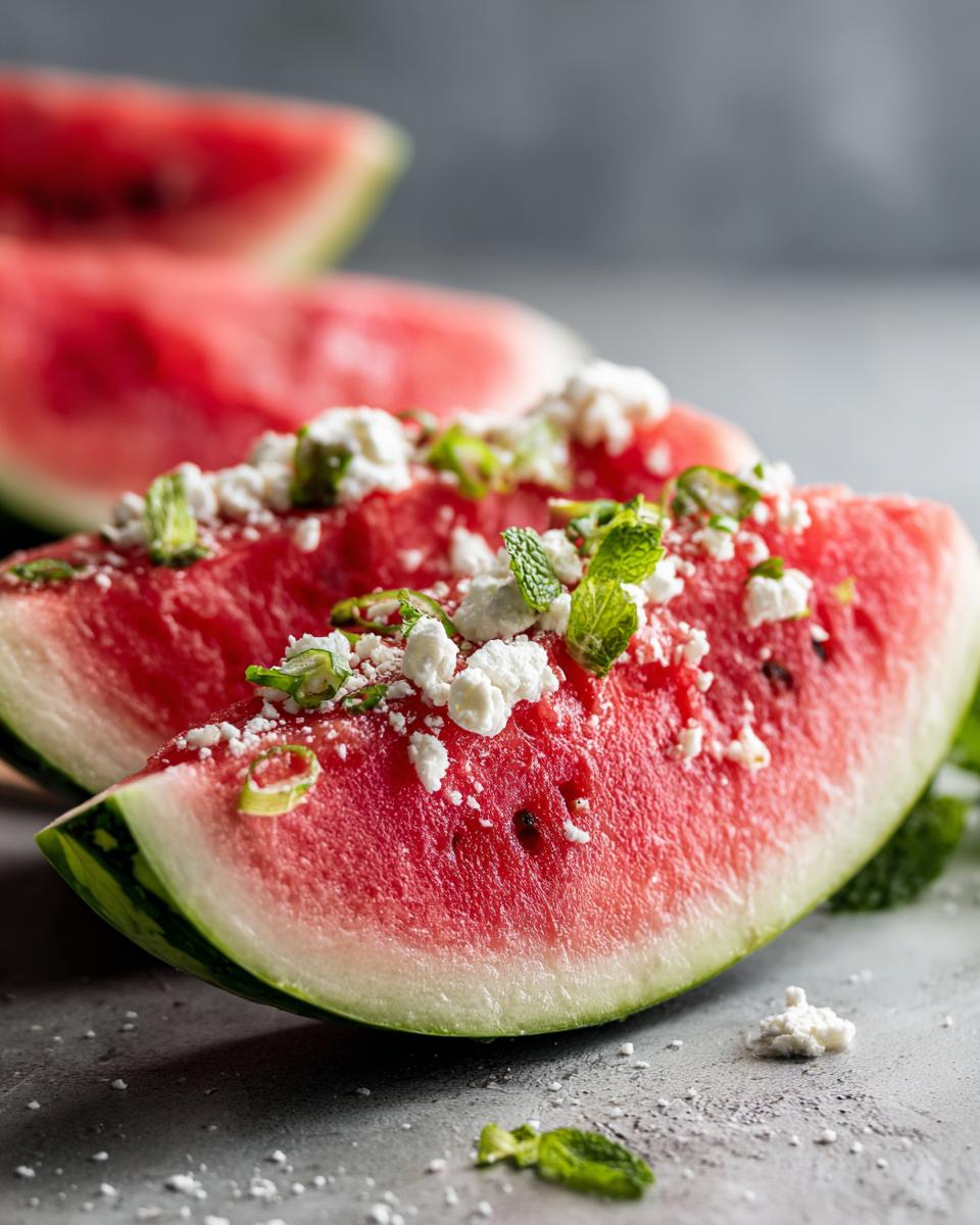 Close-up of watermelon slices topped with feta cheese and fresh mint, showcasing summer salad recipes with watermelon mint and salty feta.
