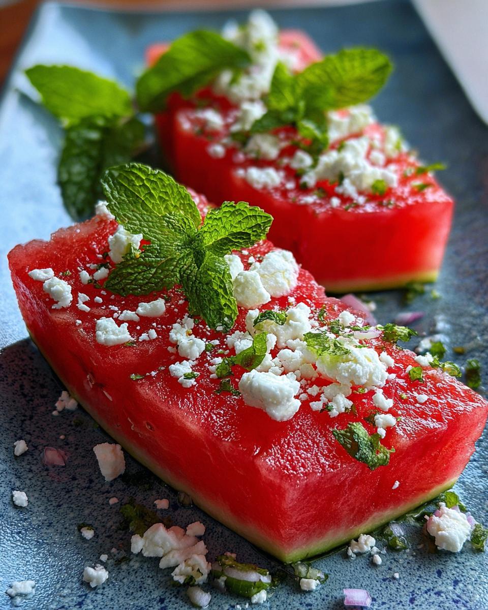Refreshing slices of watermelon topped with crumbled feta cheese and fresh mint leaves, a perfect summer salad.