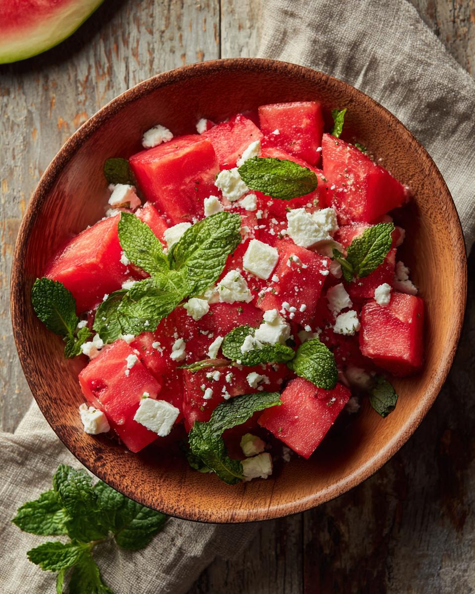 A refreshing summer salad recipe featuring cubed watermelon, crumbled feta cheese, and fresh mint leaves in a wooden bowl.