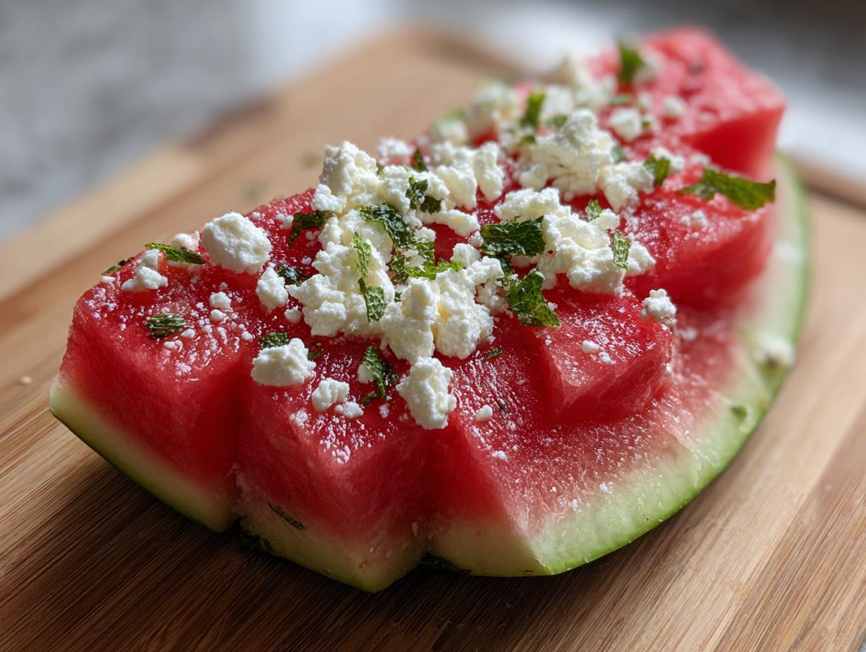 Refreshing watermelon slices topped with crumbled feta cheese and fresh mint, perfect for summer salad recipes.