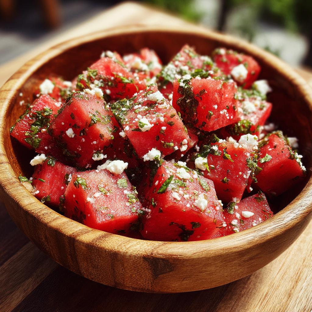 A close-up of a wooden bowl filled with cubed watermelon, crumbled feta cheese, and chopped mint, showcasing a refreshing summer salad.