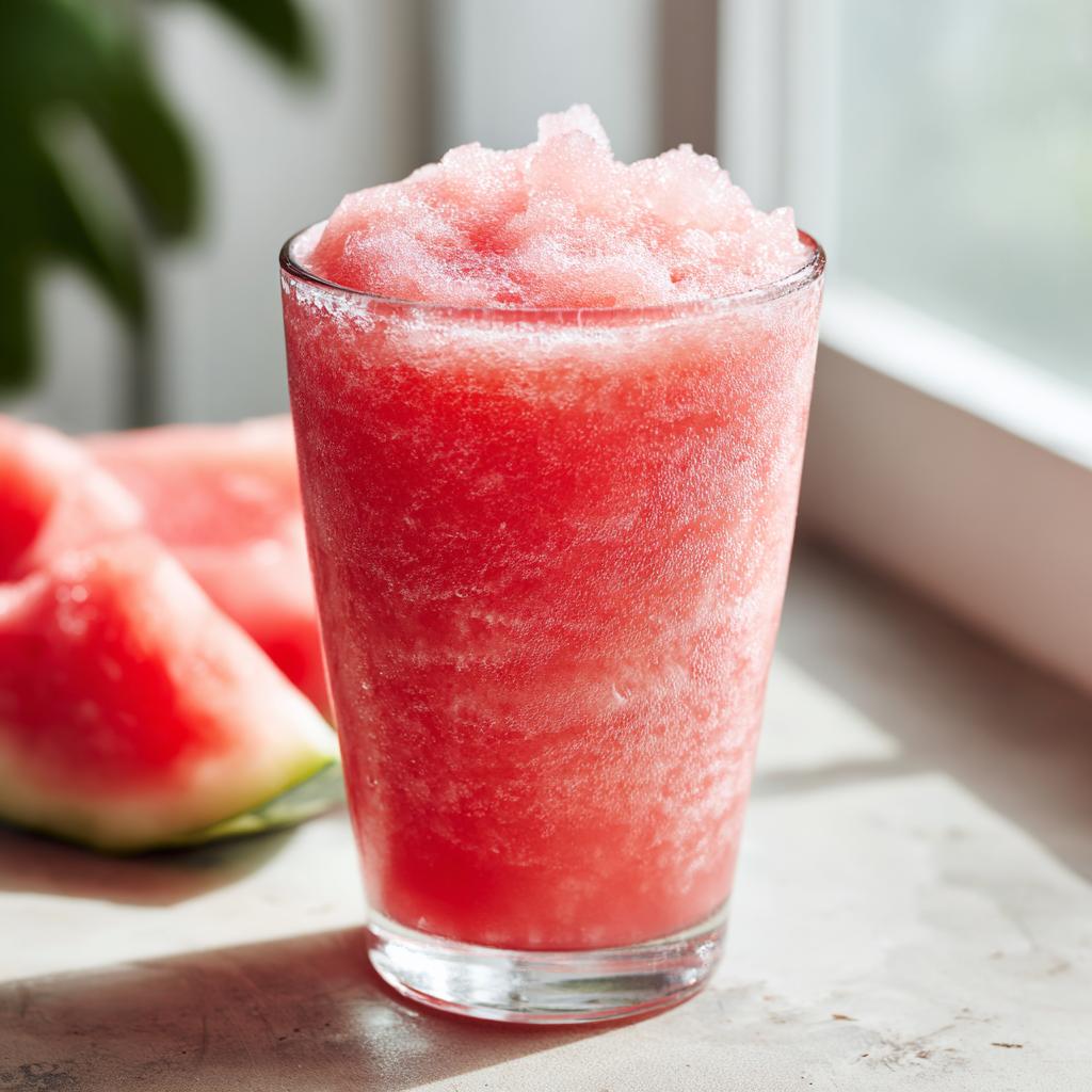 A tall glass filled with a frosty, pink watermelon and frozen lemonade slush, with watermelon slices in the background.