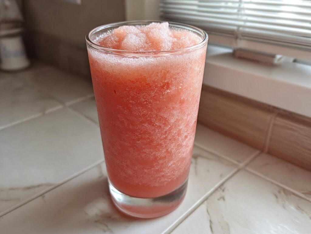A tall glass filled with a frosty, pink watermelon and frozen lemonade slush, perfect for poolside sipping.