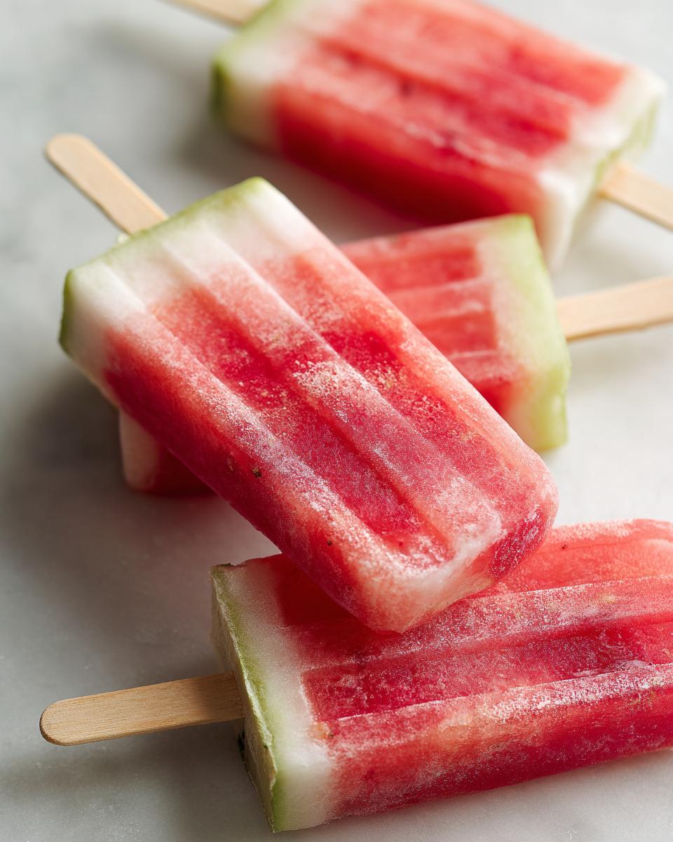 Close-up of refreshing watermelon popsicles with coconut and lime, perfect for kids.