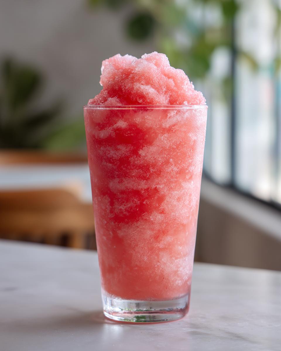 A tall glass filled with a frosty, pink watermelon slush, perfect for watermelon recipes with frozen lemonade.