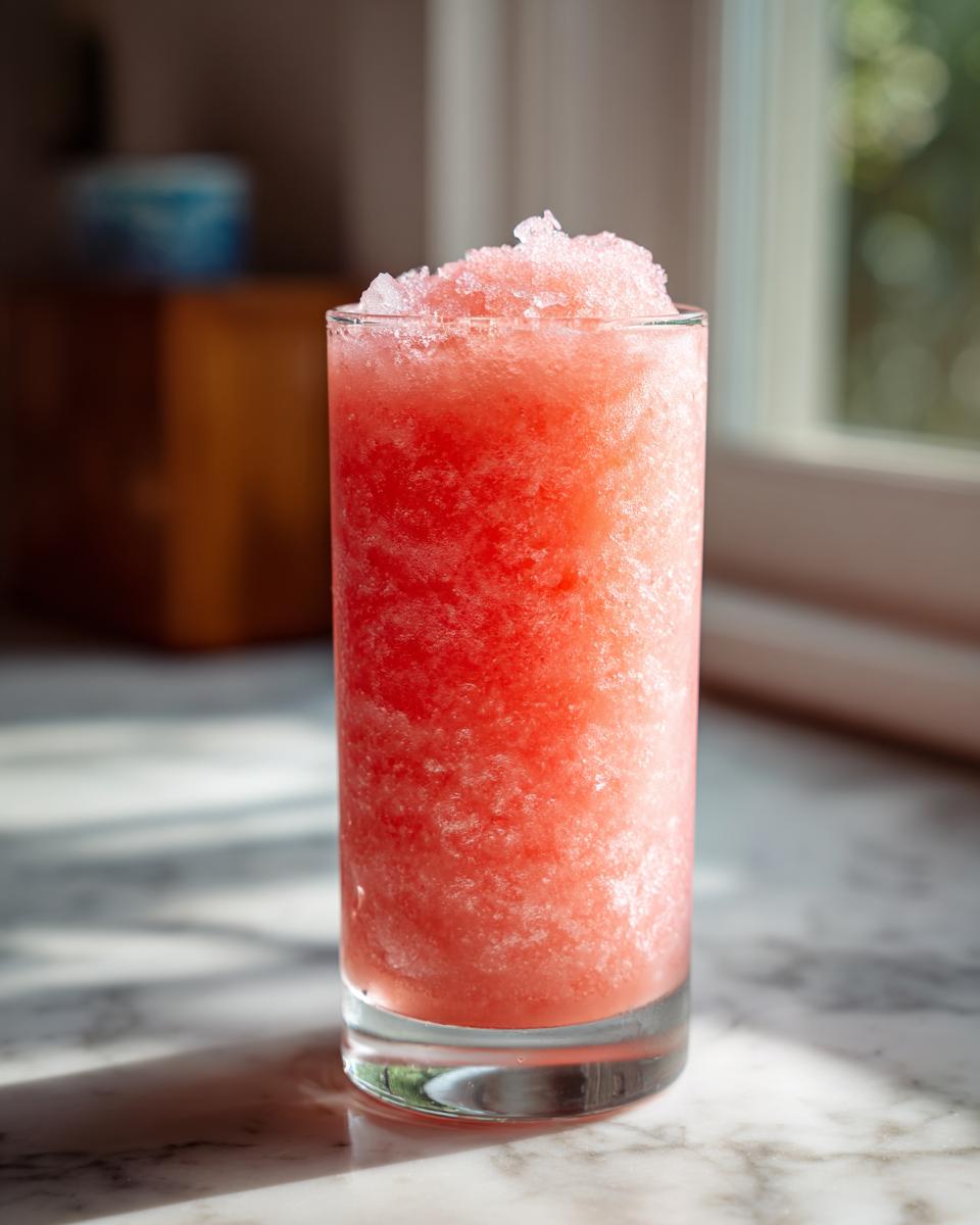 A tall glass filled with a frosty watermelon and frozen lemonade slush, perfect for poolside sipping.