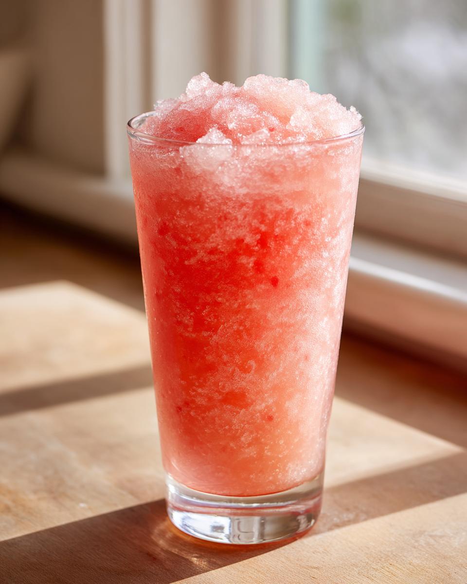 A tall glass filled with a frosty, pink watermelon and frozen lemonade slushy, perfect for poolside sipping.