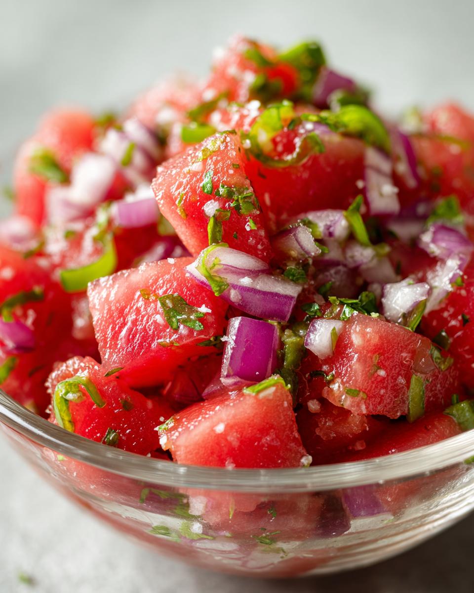 Close-up of a refreshing watermelon salsa with diced watermelon, red onion, and cilantro, perfect for taco night.
