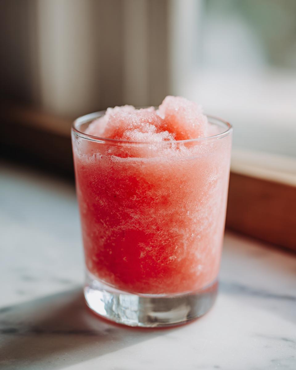 A close-up of a glass filled with a vibrant pink watermelon slushy, perfect for summer.