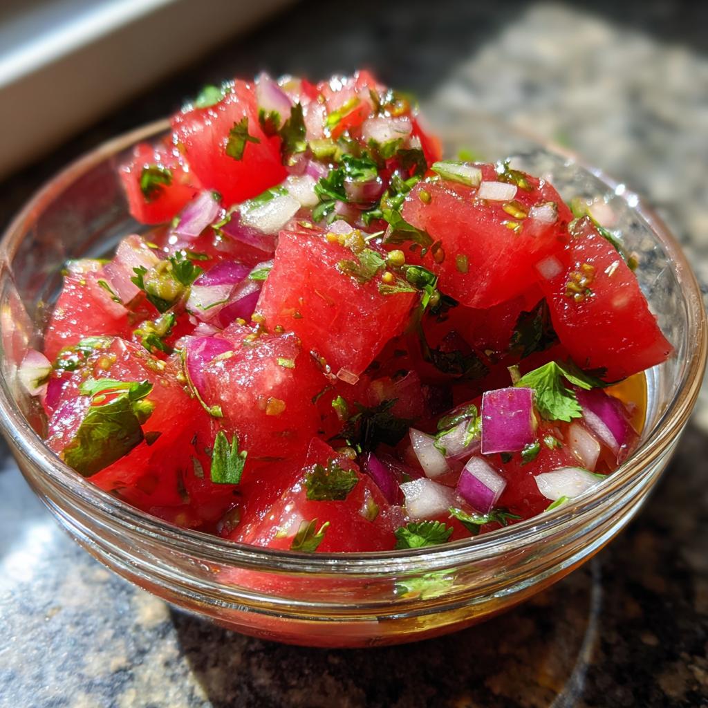 A close-up of a glass bowl filled with fresh watermelon salsa, featuring diced watermelon, red onion, and cilantro.