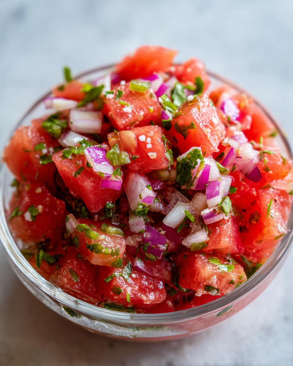 Close-up of a clear bowl filled with fresh watermelon salsa, featuring diced watermelon, red onion, and cilantro.