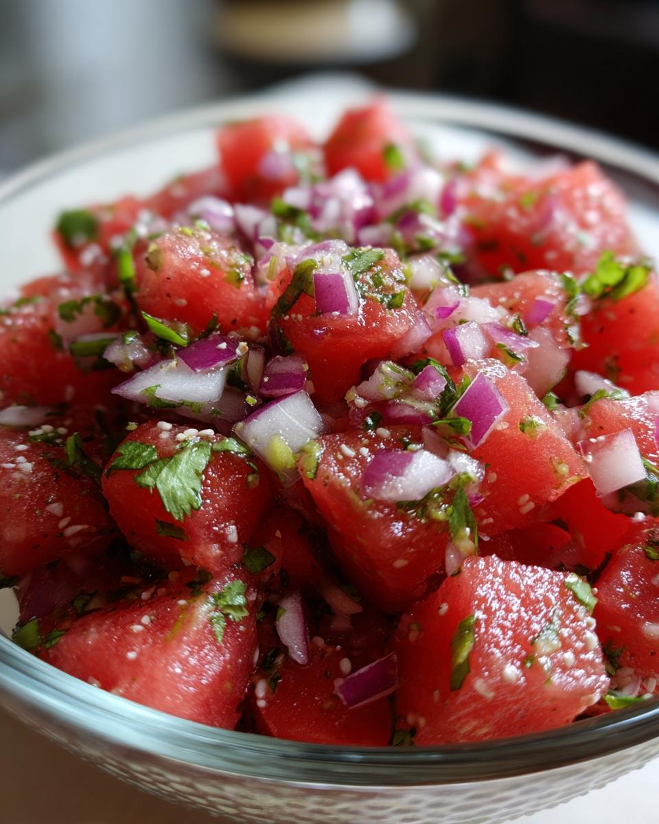 Close-up of a refreshing watermelon salsa with diced watermelon, red onion, and cilantro, perfect for taco night.