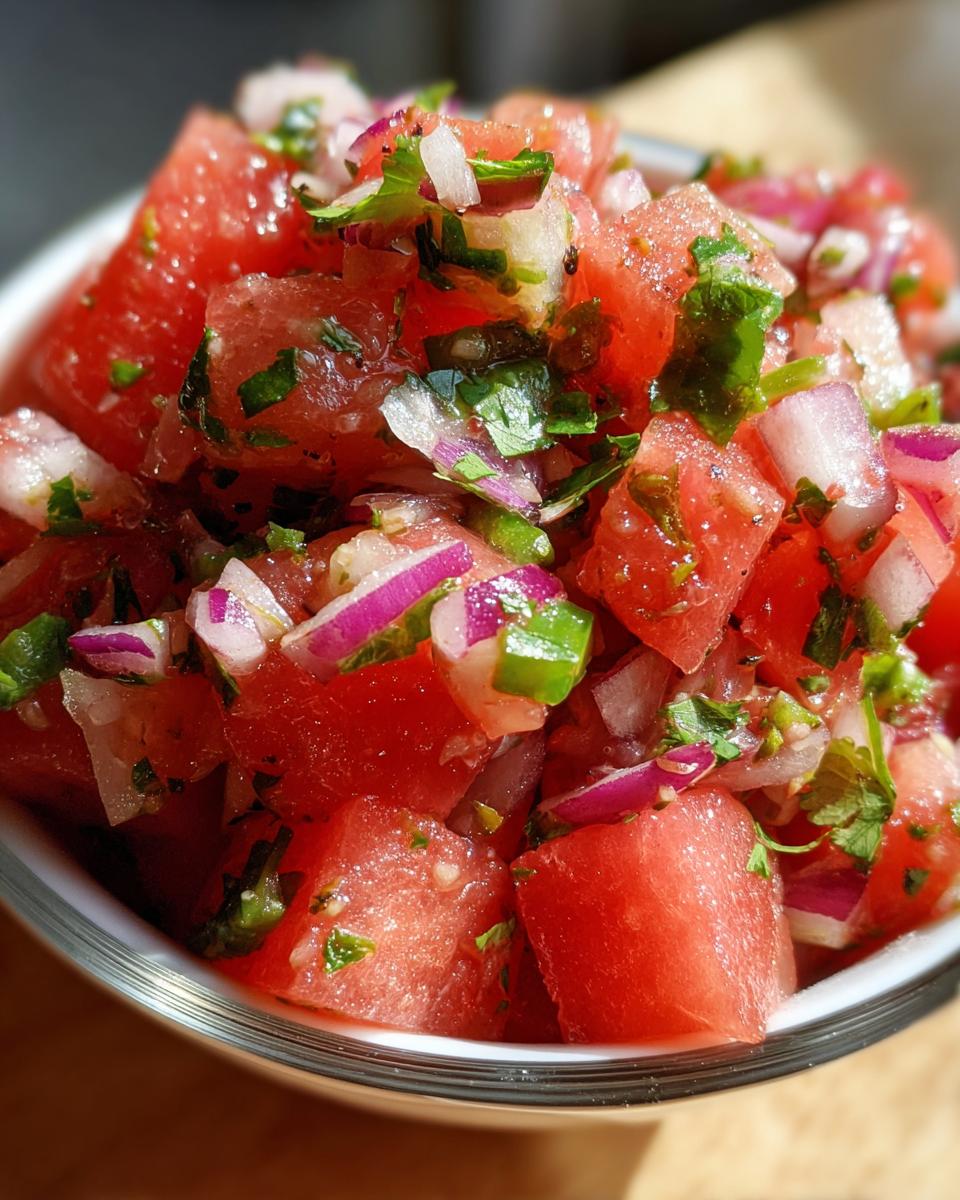 Close-up of a bowl filled with fresh watermelon salsa, featuring diced watermelon, red onion, cilantro, and jalapeño.