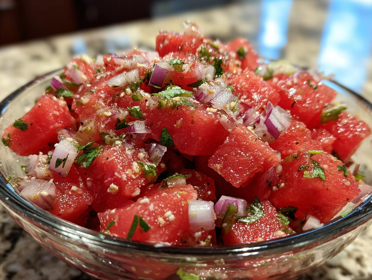 Close-up of a glass bowl filled with fresh watermelon salsa, featuring diced watermelon, red onion, and cilantro.