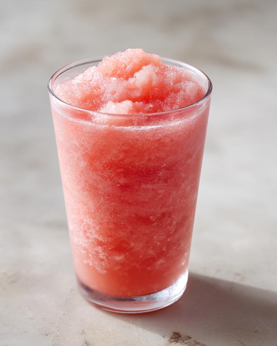 A tall glass filled with a frosty, pink watermelon slushy, perfect for a refreshing summer treat.