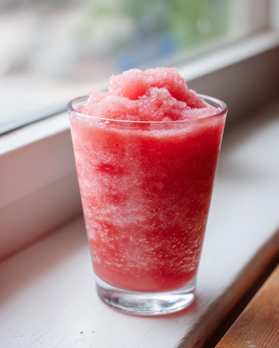 A tall glass filled with a vibrant pink, icy watermelon slushy drink, perfect for a hot day.