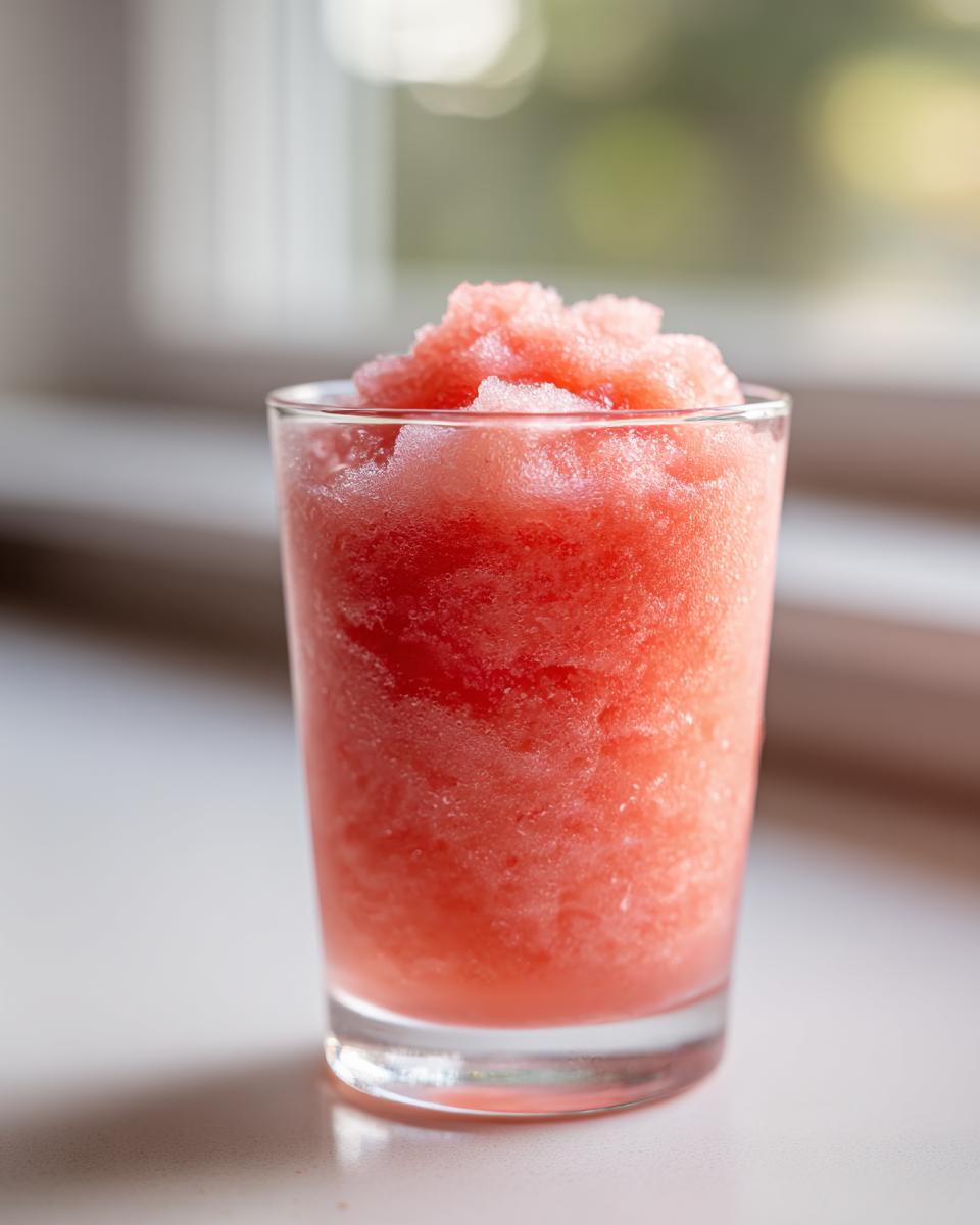 Close-up of a tall glass filled with a frosty watermelon slushy drink, perfect for summer.