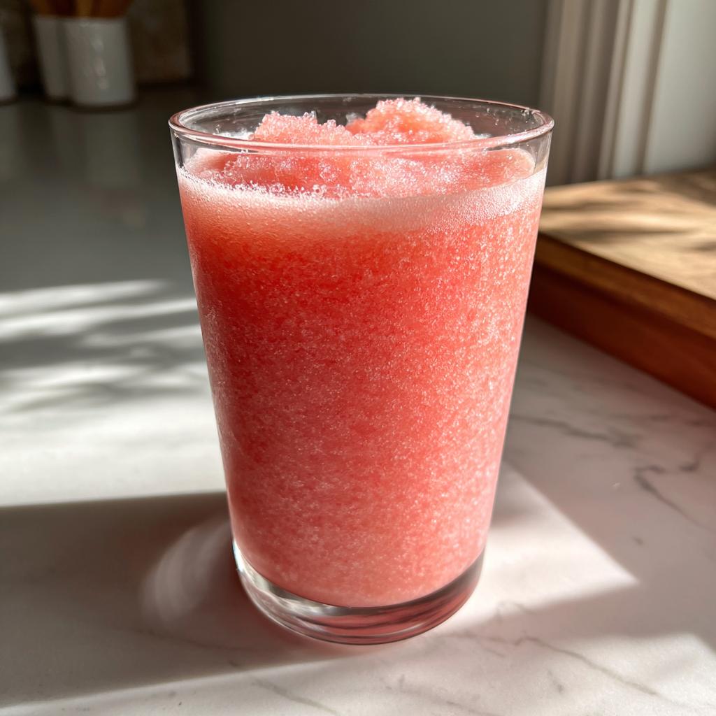 A tall glass filled with a pink, icy watermelon slushy, perfect for a hot day.