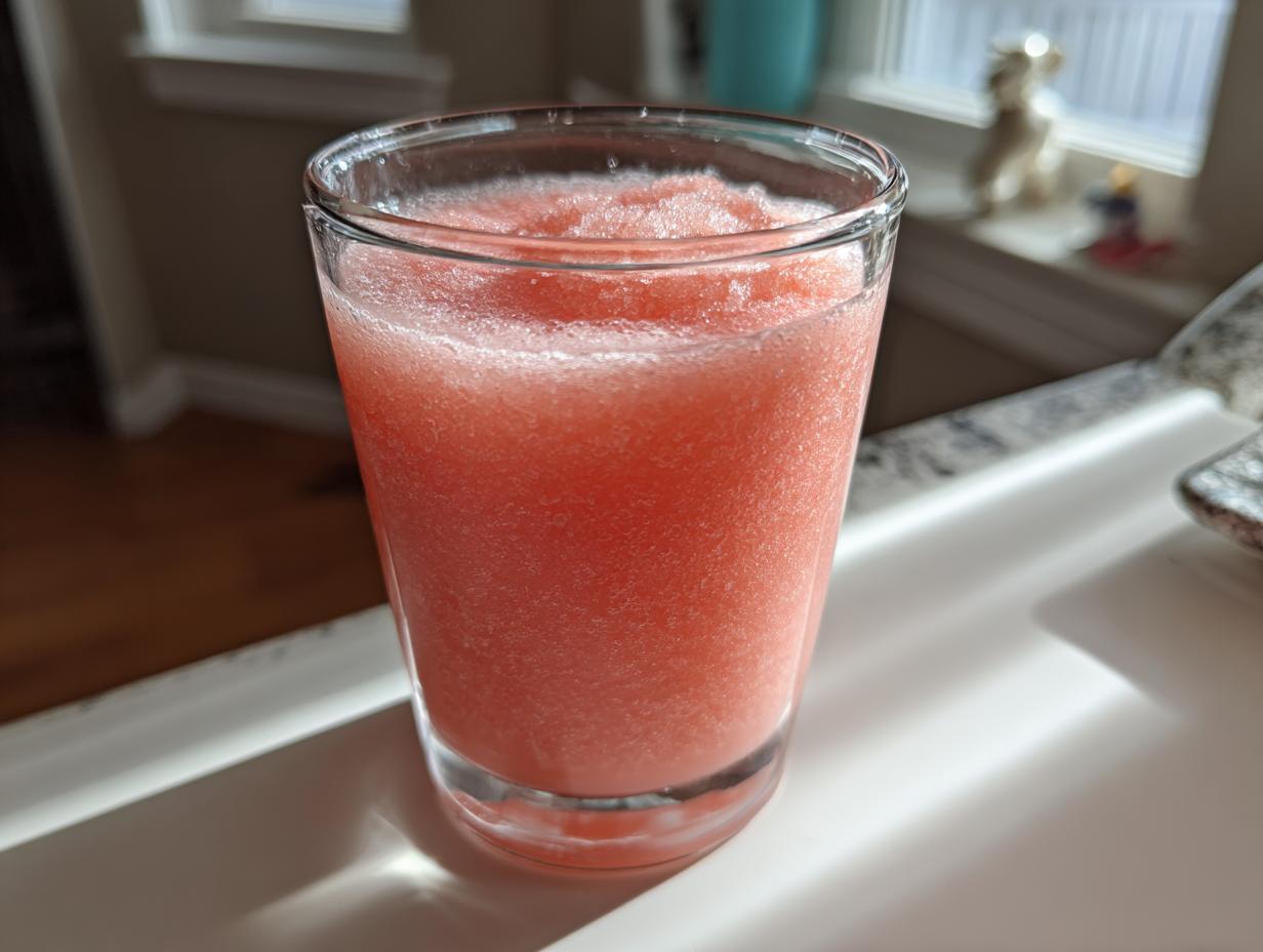 A tall glass filled with a vibrant pink watermelon slushy, perfect for a hot day.
