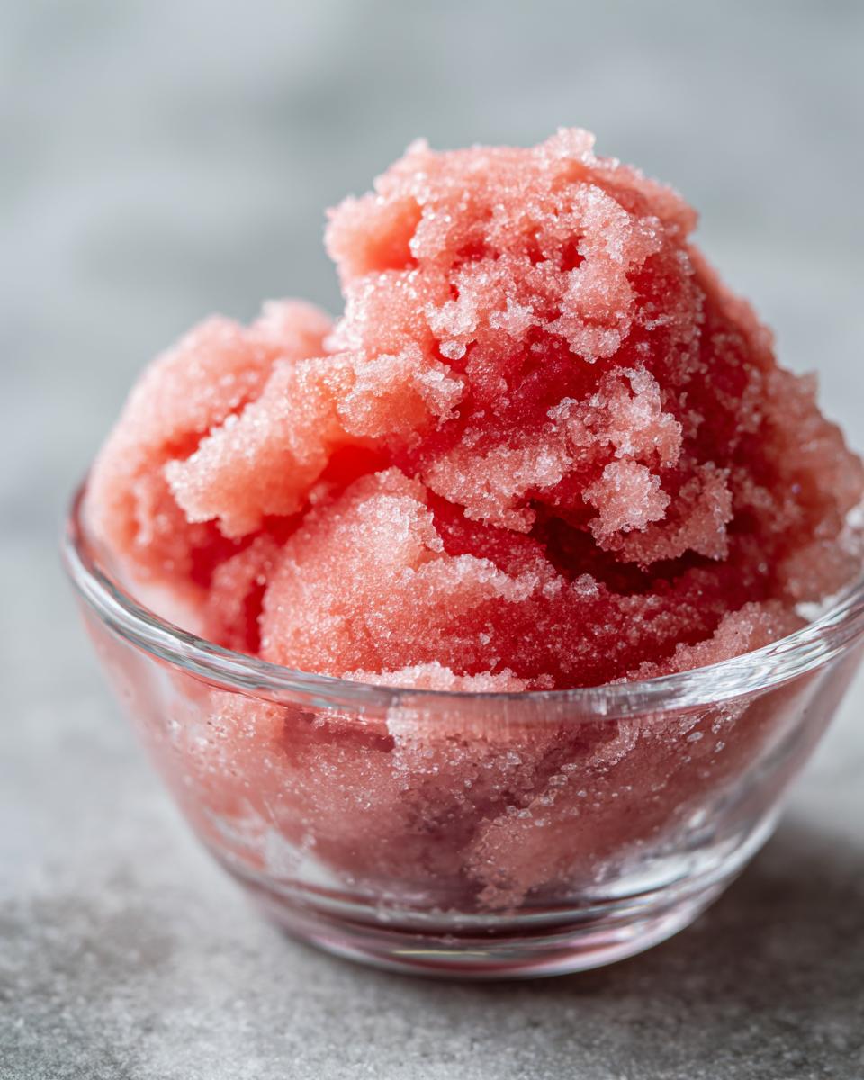 A close-up of a glass bowl filled with vibrant pink watermelon sorbet, showcasing its icy texture.