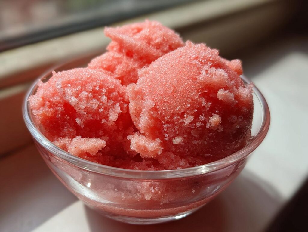 A clear glass bowl filled with scoops of vibrant pink watermelon sorbet, a perfect refreshing treat.