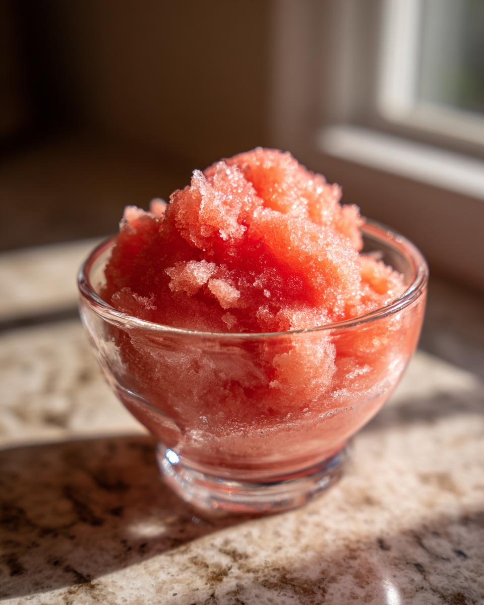 A close-up of a glass bowl filled with vibrant pink, icy watermelon sorbet, perfect for a hot day.