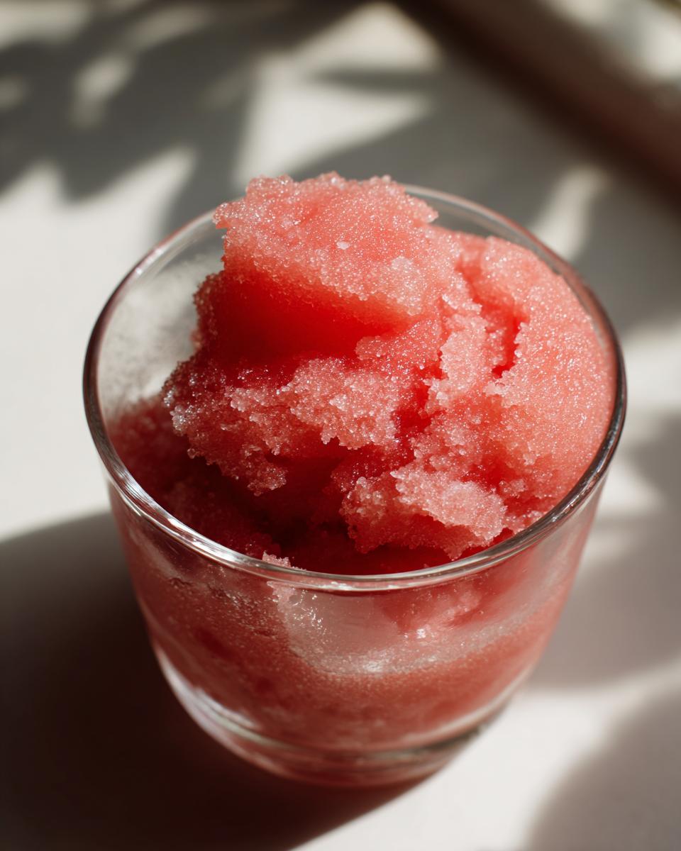 A close-up of a glass filled with vibrant pink watermelon sorbet, a refreshing treat made with watermelon recipes.
