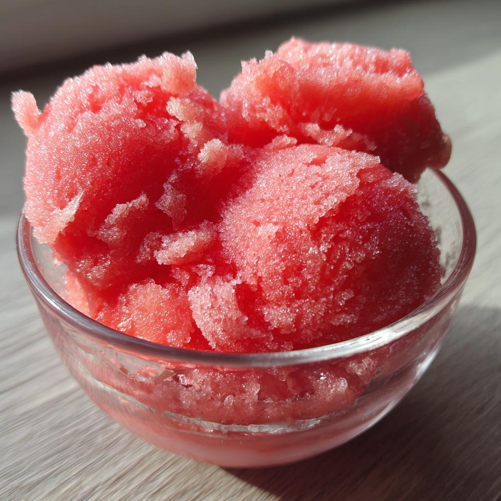 A close-up of a glass bowl filled with scoops of vibrant pink watermelon sorbet.