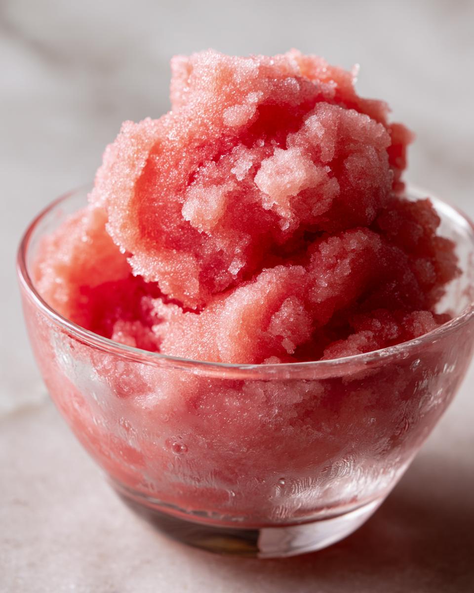 Close-up of a bowl filled with vibrant pink watermelon sorbet, perfect for a refreshing treat.