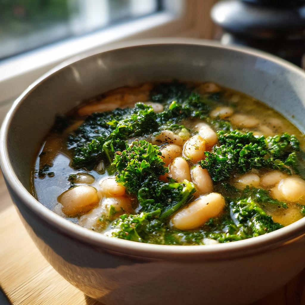 A close-up of a bowl of white bean kale soup, showing white beans and vibrant green kale in broth.