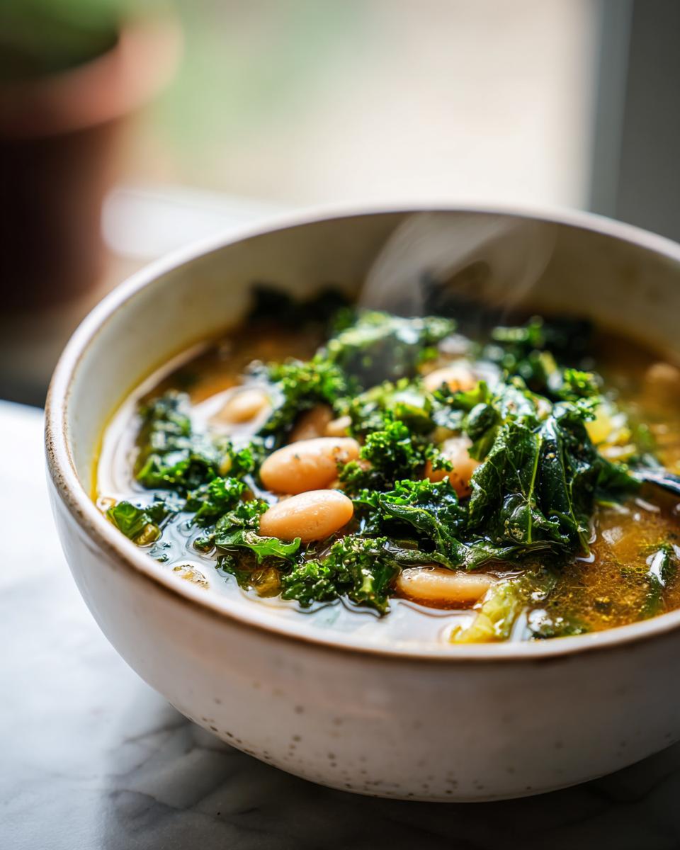 Steaming bowl of white bean kale soup, showcasing tender white beans and vibrant kale in a savory broth.