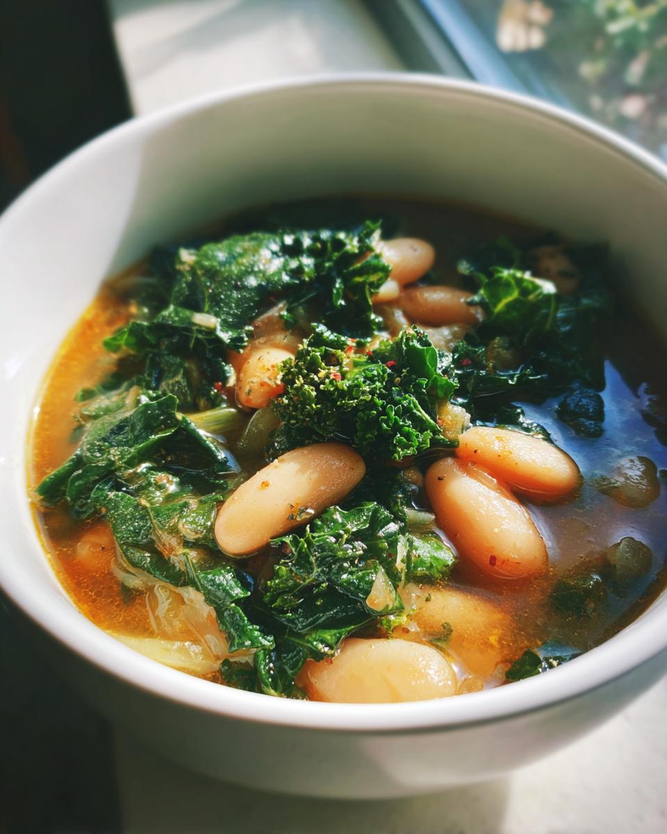 A close-up of a white bowl filled with hearty white bean kale soup, showing white beans and green kale in broth.