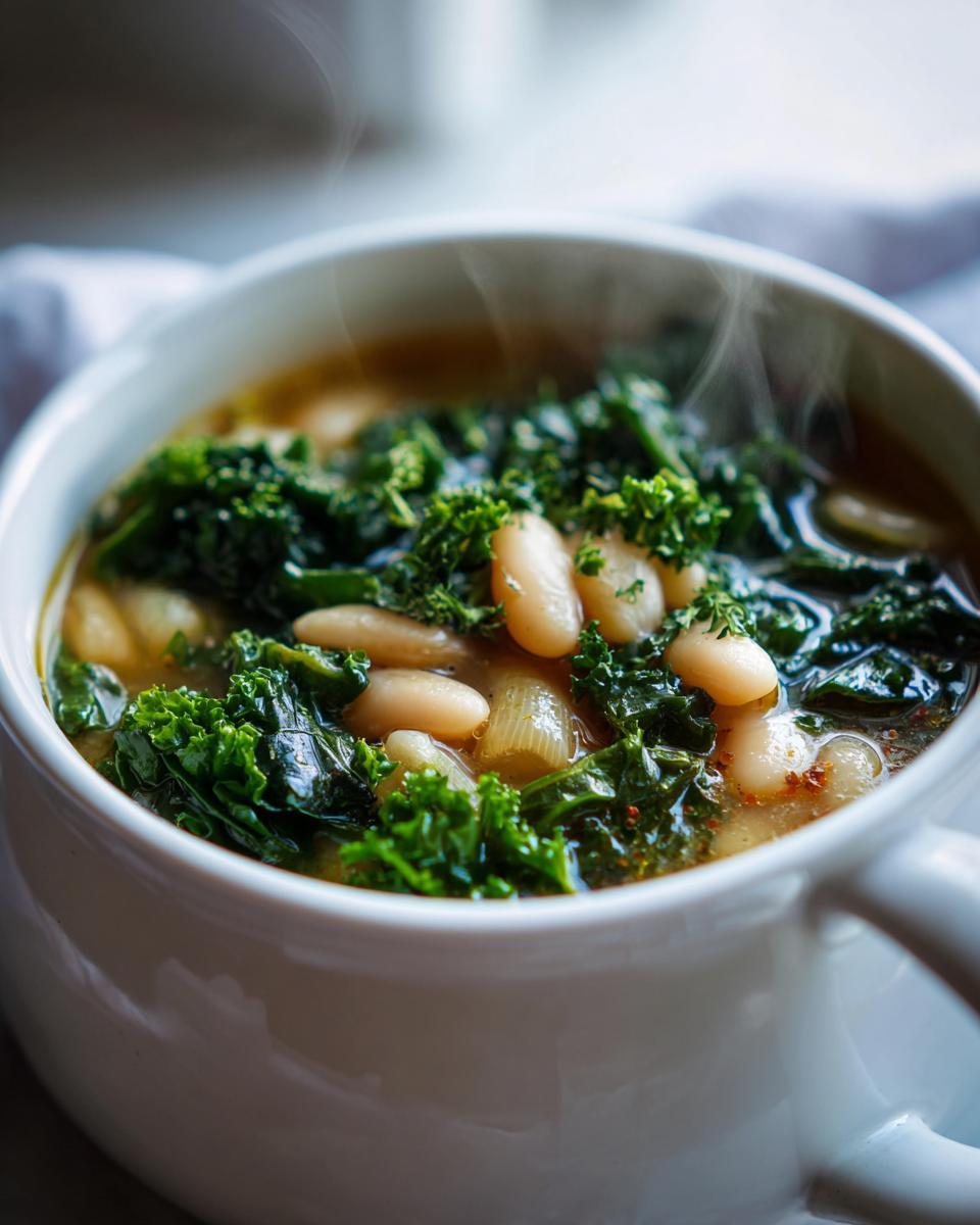 A close-up of a steaming bowl of white bean kale soup, showcasing tender white beans and vibrant kale.