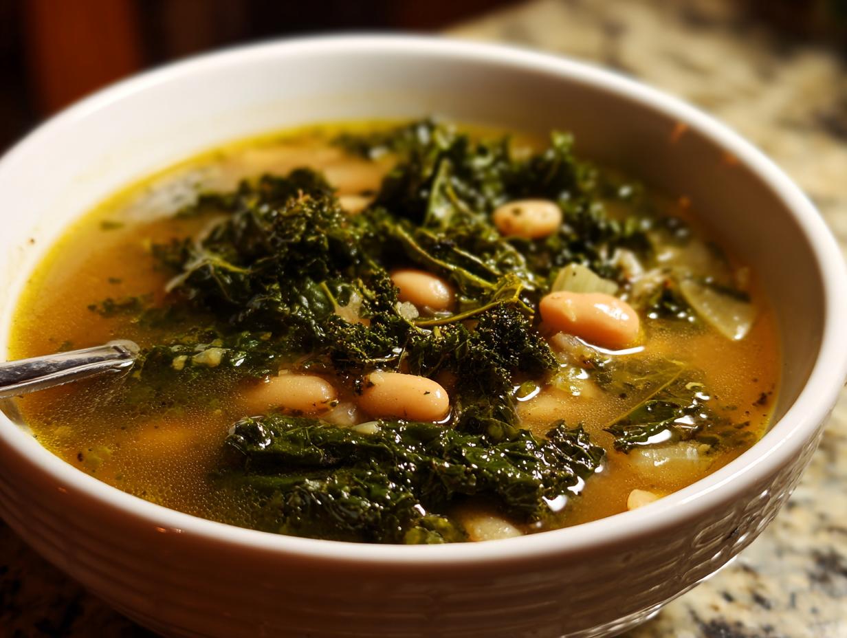 A close-up of a bowl of white bean kale soup, showcasing tender kale leaves and creamy white beans in a savory broth.