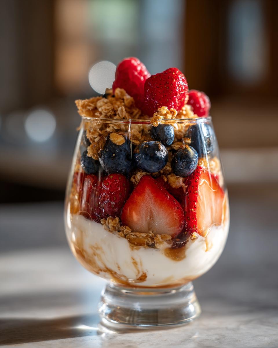 A close-up of a yogurt parfait layered with fresh strawberries, blueberries, raspberries, and crunchy granola.