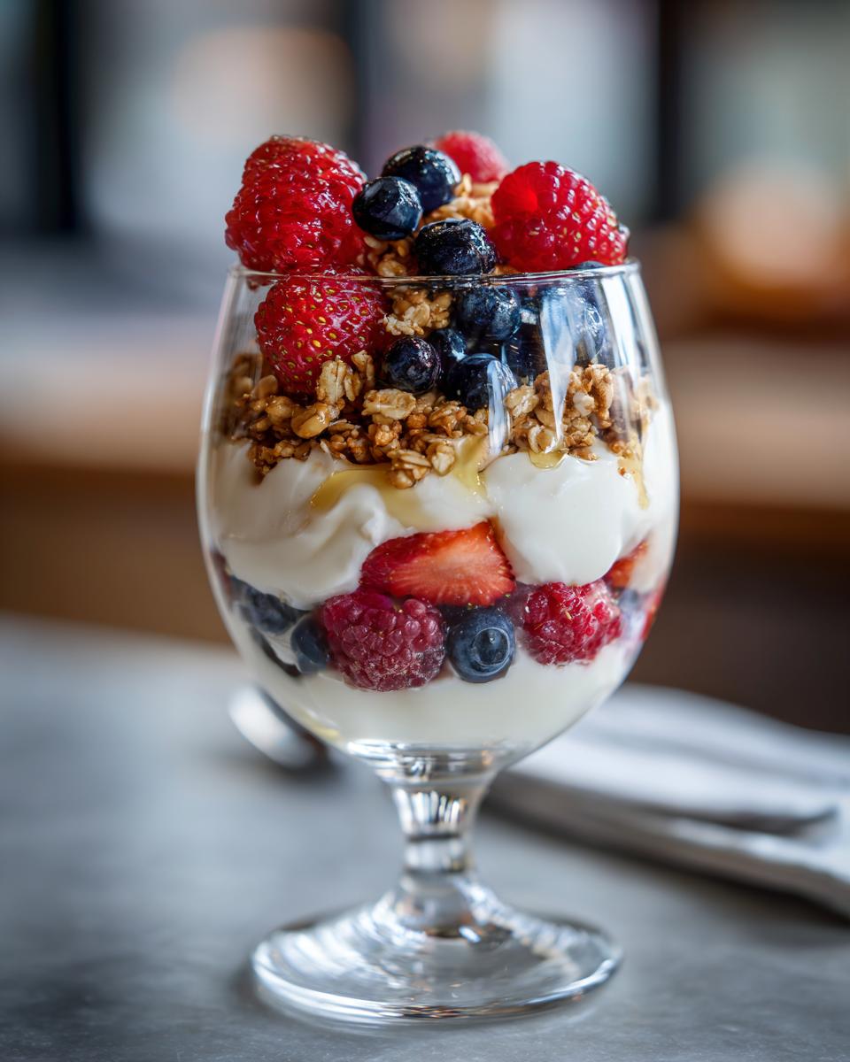 A layered yogurt parfait in a glass, featuring fresh berries, crunchy granola, and a drizzle of honey. Perfect for breakfast ideas.