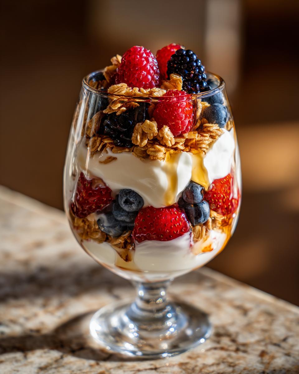 A layered yogurt parfait with fresh berries, granola, and a drizzle of honey, showcasing one of the best breakfast ideas.