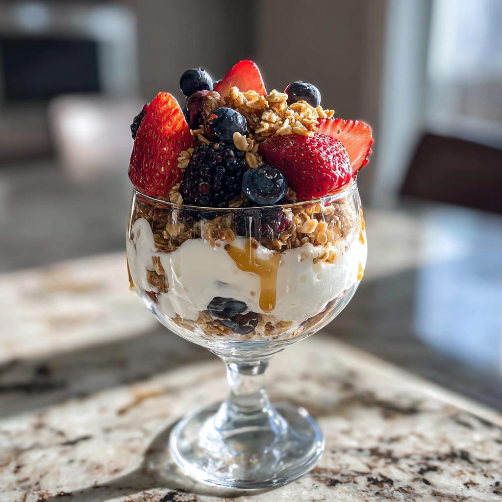 A layered yogurt parfait with fresh berries, crunchy granola, and a drizzle of honey in a stemmed glass.