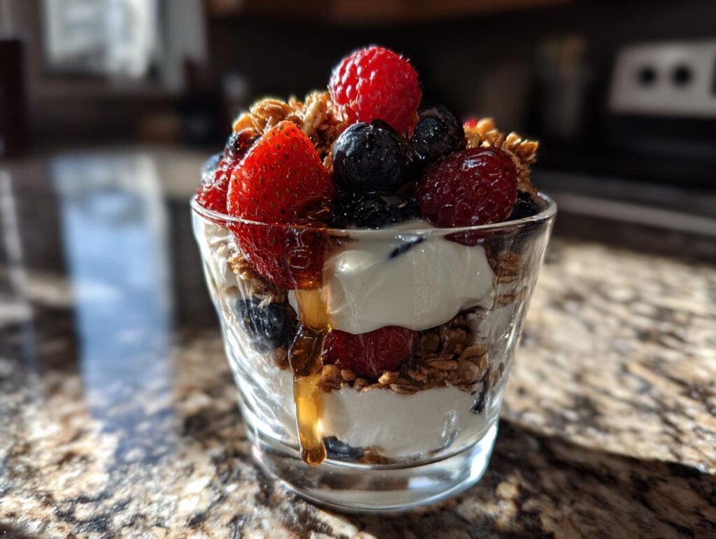 A close-up of a yogurt parfait with layers of yogurt, granola, fresh strawberries, blueberries, and raspberries, drizzled with honey.