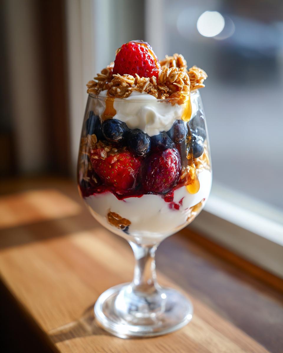 A layered yogurt parfait with fresh berries, crunchy granola, and a drizzle of honey, showcasing breakfast ideas that keep yogurt parfaits fresh and crunchy.